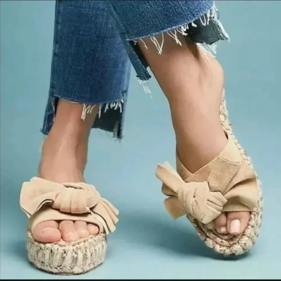 J/Slides Ritsy Slip On Espadrilles Beige Suede Leather Bow Slides Handcrafted - Picture 2 of 12